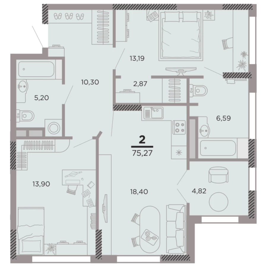 2-ая квартира площадью 75,27 м2 с просторными комнатами